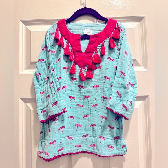 MER ST BARTH Kids Sz 6 Teal Tunic Top with Pink Flamingo Print and Pink Tassels - Picture 2 of 5